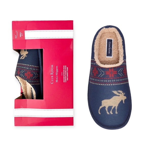 Club Room Men's Moose-Print Slippers (Navy, Small) Size 6-7 New in Box - Picture 1 of 13